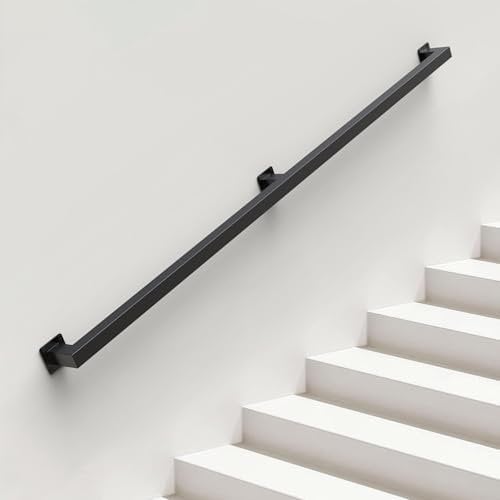 ONLT 180cm Main Courante pour Escalier Intérieur Extérieur Mur Balustrade de Rampe de Pied Garde-Corps de Support Poignée Rambarde de Sécurité - Kit Complet - Métal Fer Forgé Noir