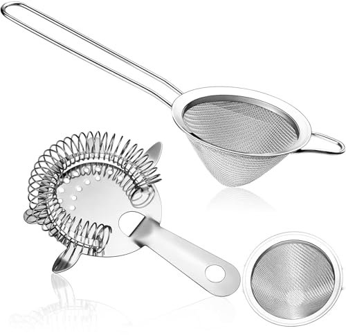 2 Pieces Fine Mesh Strainer with Handle Cocktail Strainer Stainless Steel Conical Food Strainer Stainless Steel Silver Bartender Colander Filter for Home Kitchen Bar Accessories