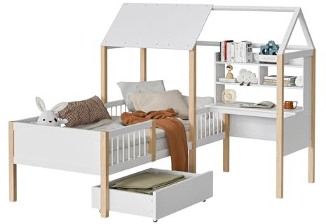 Kinderbett 90 x 200cm, Hausbett mit Lattenrost, Schreibtisch und Regale, Bettgestell aus Massivholz, Rausfallschutz Kinder Einzelbett, Schubladen auf Rollen, Jugendbett, Holzbett, Ohne Matratze, Weiß