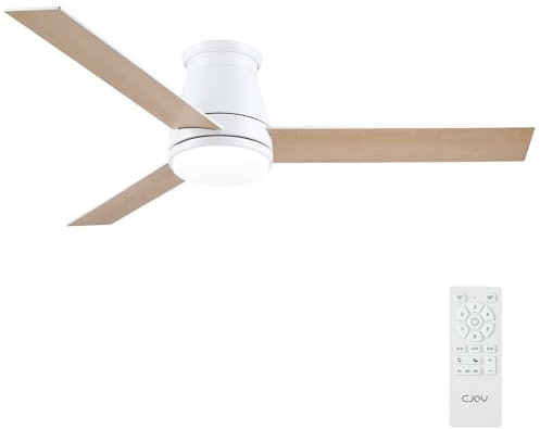 CJOY 52'' White Flush Mount Ceiling Fan with Light, Ceiling Fan with Lamp and Remote, Quiet 6 Speed, Reversible DC 3 Blade, Memory 3CCT, Dimmable, Timer, Sleep Mode, Use For Bedroom/Living Room/Office