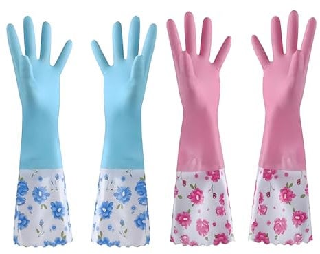 2 Pairs of Long Rubber Gloves, Waterproof Latex Dishwashing Gloves with Flock Lining, Reusable Non-Slip Kitchen Gloves for Dishwashing, Gardening, and Bathroom Cleaning,M