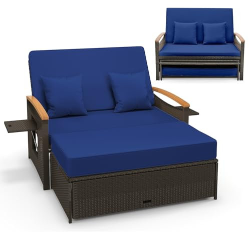 COSTWAY Garden Rattan Daybed, Patio Double Chaise Lounger Sun Bed with 4-Level Adjustable Back, Storage Ottoman, Cushions, Pillows & Side Trays, Outdoor Loveseat Sofa Conversation Furniture (Navy)
