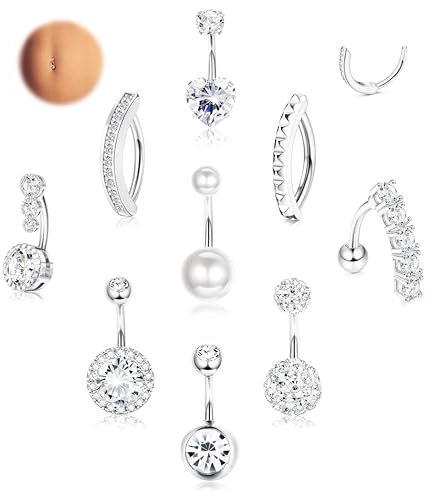 LOLIAS 9 Stück 14G Bauchnabelpiercing Chirurgenstahl Silber Piercing Bauchnabel CZ Clicker Bauchnabelpiercing Ring 10MM für Frauen Bauchnabelpiercing Set