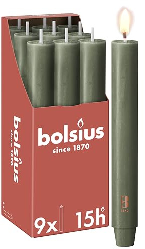 Bolsius - Stabkerze XL Rustik - 23 x 3 cm - olivgrün - im Karton zu 9 Stück - Länge Brenndauer 15 Stunden - Unparfümierte - Enthält Natürliches Pflanzenwachs - Ohne Palmöl