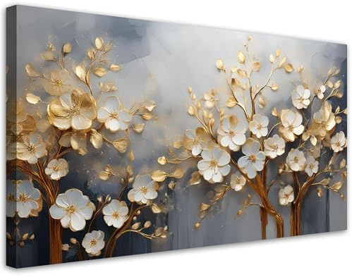 Feeby Wandbilder - Bilder Schlafzimmer - Magnolienbaum-Abstraktion Gold - 100x50 1tlg - Wohnzimmer Bild Groß - Wohnungs - Foto Geschenk - Leinwand Wall Art - Wand Deko