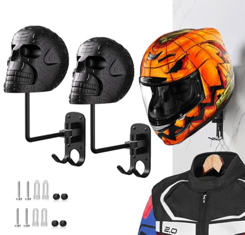 2 Pack Metal Skull Helmet Rack Wall Mount, Motorcycle Helmet Holder 180° Rotation Wall Mount Mount with 2 Hooks for Motorcycle Bike Baseball Rugby Black