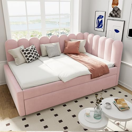 Idemon Letto imbottito a forma di L, divano letto 140 x 200 cm, letto estraibile in tessuto di velluto con schienale floreale (rosa)