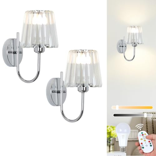 Stepeak Rechargeable Wall Lights Set of 2, Battery Operated Wall Lights with USB Bulb & Remote, Chrome Battery Operated Wall Sconces with Glass Shade, Crystal Wireless Wall Lamp Indoor for Bedrooms