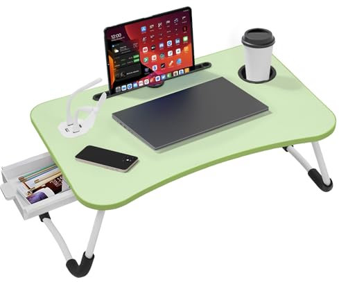 Warmiehomy Laptop Table with USB Ports, Foldable Laptop Bed Table, Laptop Desk with Cup Holder&Side Drawer&Small Fan&Small Lamp, Laptop Bed Tray with Legs for Working/Reading on Sofa, Green