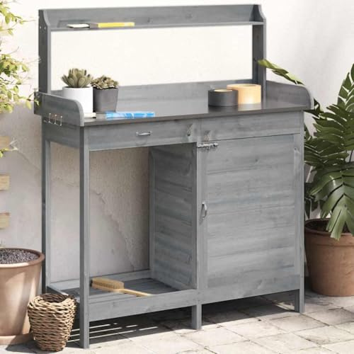 AJJHUUKI Lawn & Garden-Gardening-Pflanzenständer-Pflanztisch mit Unterschrank, grau, 110,5 x 45 x 124,5 cm, Massivholz-Tanne