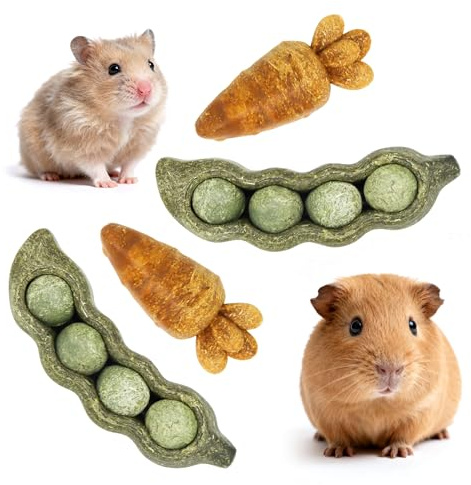 TEEWY 4 juguetes de cobayas, evitan el crecimiento excesivo de dientes, verduras naturales y hierba timoteo, juguetes masticables para hámster, juguetes para masticar cobayas, juguetes de chinchilla