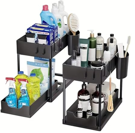 YUNYDSM Unter-Waschbecken-Regal 2 Etagen | mit Schublade, 8 Haken