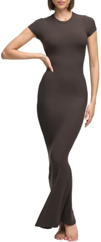 creamy fabrics Ribbed Long Sleeve Maxi Dress Damen – Figurbetontes Rippstrick Maxi Kleid Langarm, Stretch Stoff, Bodycon Passform, Elegantes Basic Kleid für Alltag & Abend