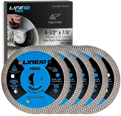 LINE10 Tools 5pk 4.5 Inch Diamond Saw Blades for Angle Grinder - Ultra Thin Tile Cutting Wheel Ceramic Blade - Professional Porcelain Tile Cutter Tool X-Turbo Rim for Granite Stone Masonry Wet Dry Cut