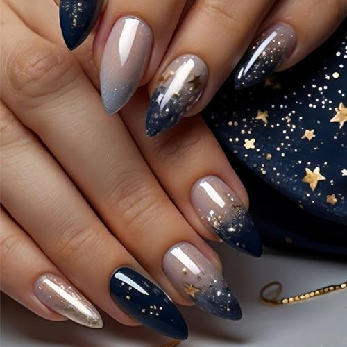 French Tip False Nails - 24pcs Almond Glitter Press on Nails - Natural Simple Style - Acrylic Nails Glossy Deep Blue Gradient Stick on Nail for Women Daily Wear (Deep Blue,Glitter,Gradient)