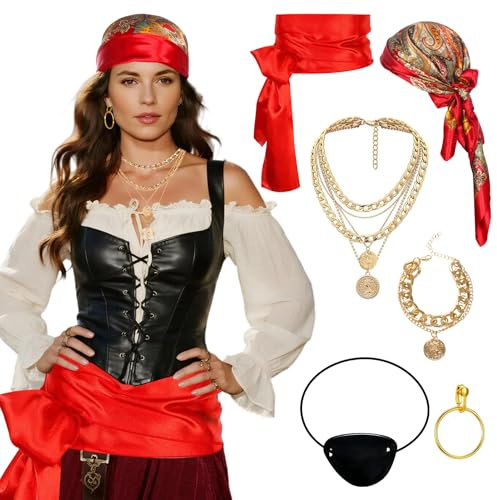 Moerstar Piratenkostüm Damen Zubehör, Piraten Kostüm Damen Set mit Piraten Kopftuch Gürtel Augenklappe Pirat Halskette Armband Ohrringe, Pirate Accessories für Karneval