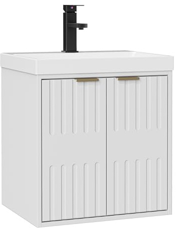UEV Meuble de Salle de Bain Suspendu avec Vasque, 50 x 38 x 55 cm, Blanc | Armoire Sous-Lavabo 2 Portes Finition Bois, Gain de Place & Entretien Facile, Idéal pour Petites Salles de Bain et WC