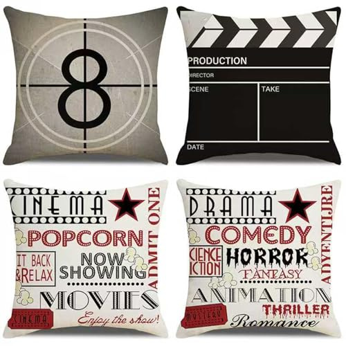 Trlyane Dekorative Kissenbezüge für Kinoliebhaber, 4er Set, Leinen mit doppelseitigem Druck, Vintage-Stil, für Wohnzimmer, Heimkino, Schlafzimmer, 45x45 cm