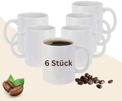 6 Stück Kaffeebecher Porzellan 310ml Kaffeetassen weiß - Kaffeetassen Set spülmaschinengeeignet Tassen Set - Tassen zum Bemalen & HLKauf-Block