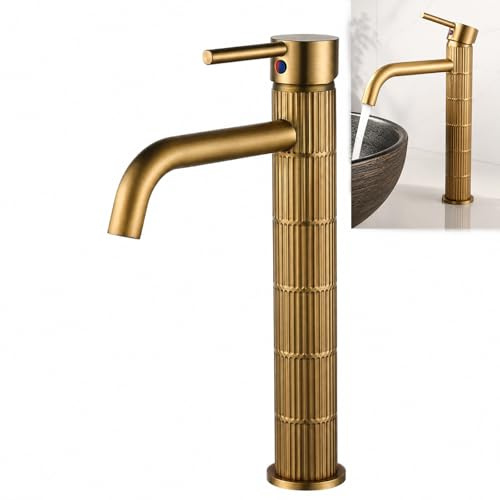 Grifo de lavabo alto monomando con cuerpo de latón, mezclador para lavabo sobre encimera, acabado vintage cepillado, cartucho cerámico (Bronce cepillado, Alto)
