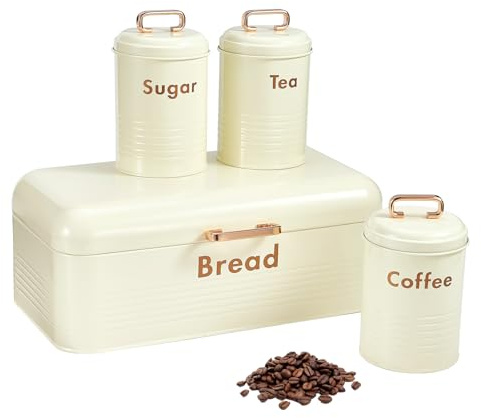 Yuecda Large Metal Bread Box + 3 Piece Tea Coffee Sugar Canister Set, Kitchen Countertop Organizer Set(off white and Rose Gold)