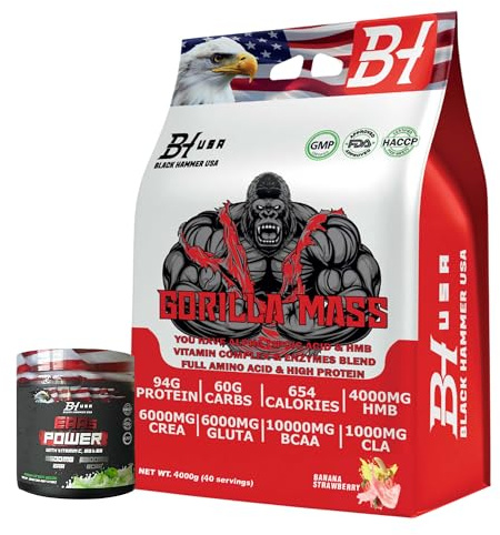 Gorilla Mass Gainer 4KG / 8KG – High Calorie Weight Gainer Protein Powder for Muscle Mass & Strength – Protein Carb Shake – Muscle Builder + FREE EAAs – Black Hammer USA (4000g, Banane Erdbeere)
