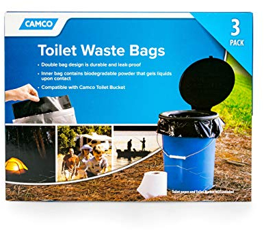 Camco 41547 Lot de 3 sacs à déchets de toilette, design double sac durable anti-fuite, l’intérieur gélifie tout liquide, idéals pour le camping, la randonnée, la chasse et plus encore