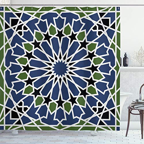 ABAKUHAUS Arabisch Duschvorhang, Orient Mandala, Stoffliches Gewebe Badezimmerdekorationsset mit Haken, 175 x 240 cm, Olivgrün Dunkelblau