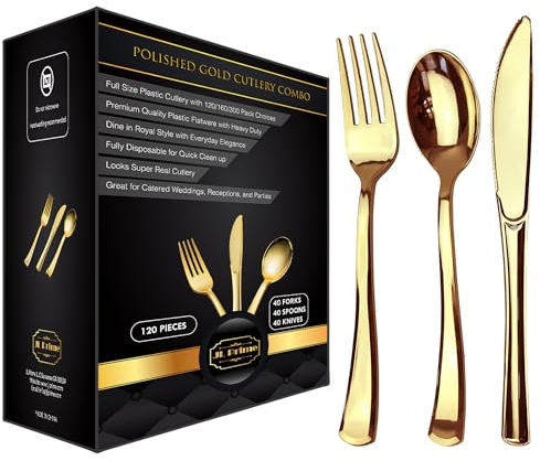 JL Prime 120 Gold Kunststoff-Besteck-Set, Gold Kunststoff-Besteck-Set, strapazierfähige Utensilien, Einweg-Gold-Besteck, 40 Kunststoff-Gabeln, 40 Kunststoff-Löffel, 40 Kunststoff-Messer