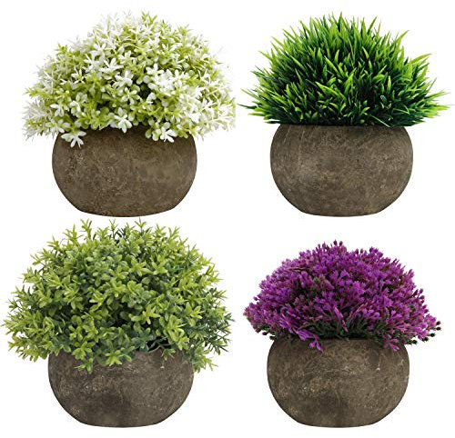 BELLE VOUS Mini Grün, Lila & Weiß Kunstpflanzen Set (4er Pack) - Kleine Kunstpflanzen im Topf für Drinnen & Draußen - Blumen Deko Künstlich für Haus, Büro, Bad, Küche, Schreibtisch und Regal