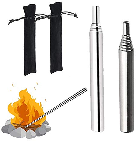 tingz 2 Stück Teleskop Blasrohr, Zusammenklappbares Gebläserohr, Blasrohr Edelstahl Einziehbare, Outdoor Survival Gadget, Blasrohr aus Edelstahl für Outdoor, Wandern, Camping, Picknick, Silber