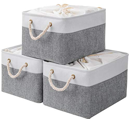 Yawinhe 3 Stück Aufbewahrungskorb Stoff, Faltboxen Aufbewahrungsbox, mit Kordelzug-Abdeckung und 2 Griffen, Körbe Aufbewahrung, für Schrank und Regal, 33x23x20cm, Weiß/Grau, SNK003WGS