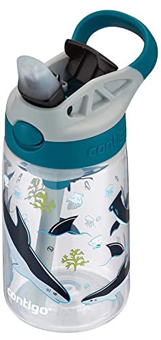 Contigo Aubrey Kids Reinigungsbare Wasserflasche mit Silikon-Trinkhalm und auslaufsicherem Deckel, spülmaschinenfest, 400 ml, White Sharks