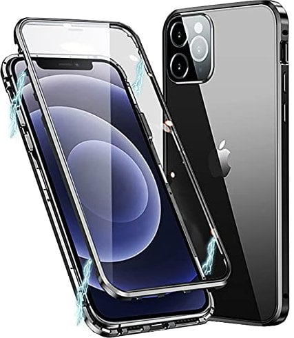 MIMGOAL Case for iPhone 11 Pro Max Magnetic Cover 360 Degree Full Body Shockproof [Built-in Camera Lens Protector] Metal Bumper with Front and Back Clear Tempered Glass, Black