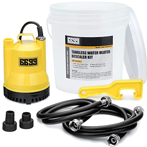 6699 Tankless Heater Descaling Flush Kit Includes Submersible Water Pump with Adapters 3 Gallons Pail with Bucket Lid Opener and Two 3/4 GHT X 6FT PVC Rubber Black Hoses Easy Installation to Clean