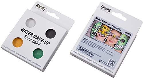 Grimas Water-Make-Up Set MANIA, 4x 2.5 ml, Schminkset auf Wasserbasis für Kinderschminken, Karneval, Halloween und mehr, mit weiß, schwarz, gelb und grün und Schminkideen