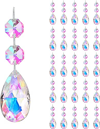 H&D HYALINE & DORA 25pcs 50mm AB Crystal Teardrop Chandelier Prisms Rainbow Sucatcher Pendants Hanging Drop with Glass Octagon Beads Replacement Parts