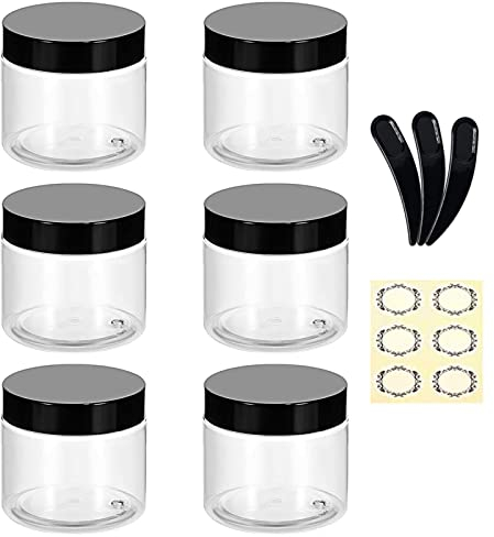 Alledomain 6Pcs 100g/100ml Clear Plastic Jars with 3Pcs Mini Spatulas & Labels Round Cosmetic Sample Container with Inner Liners & Black Lids for Lotions Cream Ointments Travel Makeup Beauty Storage