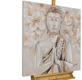 KunstLoft Leinwandbild | 100% HANDGEMALT | 80x80cm | Gemälde 'Blooming Well-Being' | Glaube | Weiß Beige | Wandbild Wohnzimmer