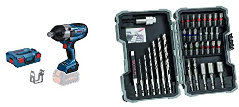 Bosch Professional GDS 18V-1050 H Solo lboxx + 35tlg. HSS Holz Bohrer und Bit Set Extra Hart (Kreuzschlitz-, Pozidriv-, Hex-, TH-, S-Bit, Zubehör Bohrschrauber und Schraubendreher)