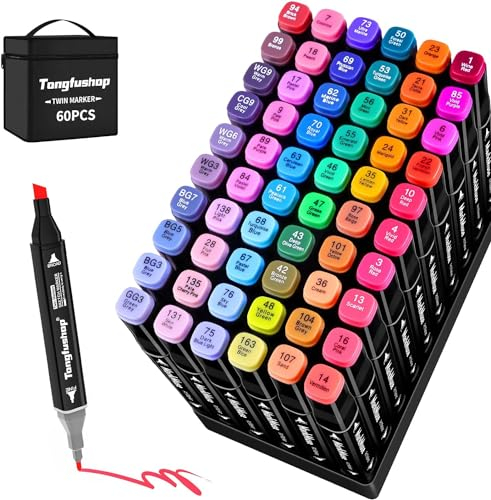Tongfushop 60 Farben Alkohol Stifte Set, 2S Schnell Trocknende Doppelspitze Alkohol Marker, Meißel & Feine Alkoholmarker Filzstifte mit Anti-Seepage Abstandshaltern für Malerei Design Manga Skizzieren