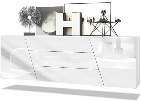 Vladon Sideboard Houston, Made in Germany, hängende Kommode mit 2 Türen & 3 Schubladen, Korpus Weiß matt, Fronten Weiß Hochglanz (178 x 57,5 x 38,5 cm)