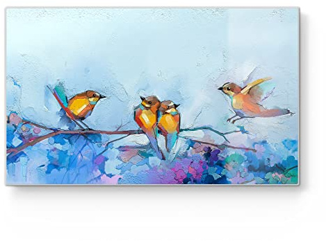 DEQORI Frühstücksbrett Glas | klein 23x14 cm | Motiv Vier Vögel auf Ast | Design Schneidebrett für Küche | Frühstücksbrettchen antibakteriell & rutschfest | Glasplatte & Servierplatte