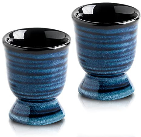Hasense Ceramic Eggs Cups for Soft Boiled Eggs, Porcelain Egg Stand Holders for Hard Boiled Eggs for Breakfast Kitchen Decorative, Set of 2, Blue