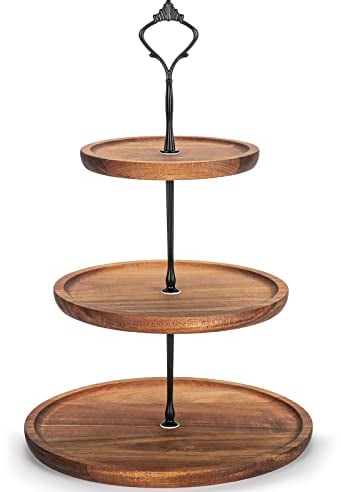 E-ROOM TREND Soporte de Madera para Magdalenas de 3 Niveles Soporte para Cupcakes de Boda con Asa de Metal para Cumpleaños Bodas Aniversarios Bautizos y Postres de Frutas (MDP1BN)