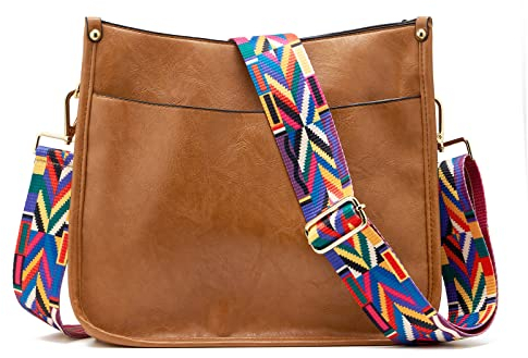 ZOUIQSS Dame Crossbody Taschen Leder Umhängetasche Frauen Hobo Handtasche mit Reißverschluss Schultertasche mit verstellbarem Riemen(Braun(5cm) Bunte Streifen)