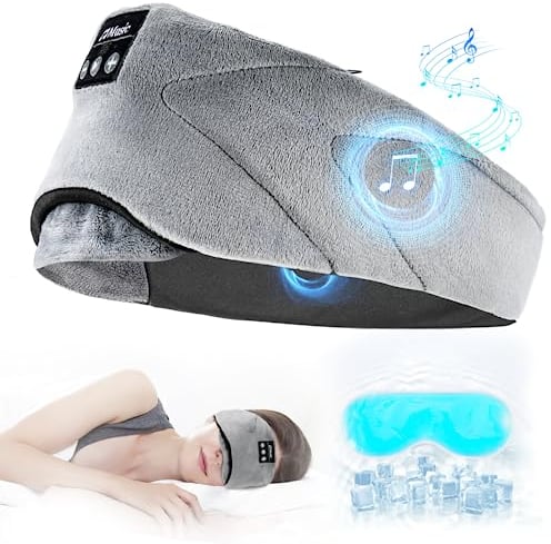Schlafkopfhörer Bluetooth Luckits Schlafmaske Musik Kabellos Kühl-/Warmtherapie Waschbar Reise Musik Spielen Lautsprecher Mikrofon Freisprecheinrichtung für Schlafen, Nickerchen, Yoga, Büro (Grau)