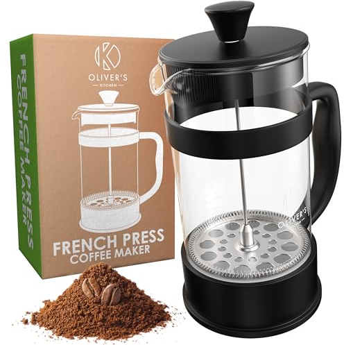 Oliver's Kitchen ® Cafetera Francesa - Prensa Francesa 1 Litro - Cafetera Émbolo Diseñada para los Amantes del Café de Especialidad - Cafetera Manual con Cristal (Black, 1 Litre)