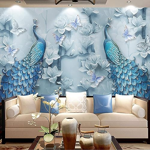 Chinesischer Stil Muralo Fototapete, Geprägtes Blaues Pfauenfoto Tapete Wandbild, 430 x 300 cm Wandbild Dekoration - für Zimmer Küchen die Mauer