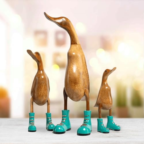 DomDeco Handgefertigte Deko-Figur Ente mit türkisfarbenen Stiefeln aus Holz, ca 35cm
